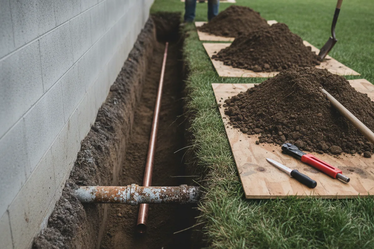 Excavated water line trench during Water Softener Installation in Indio